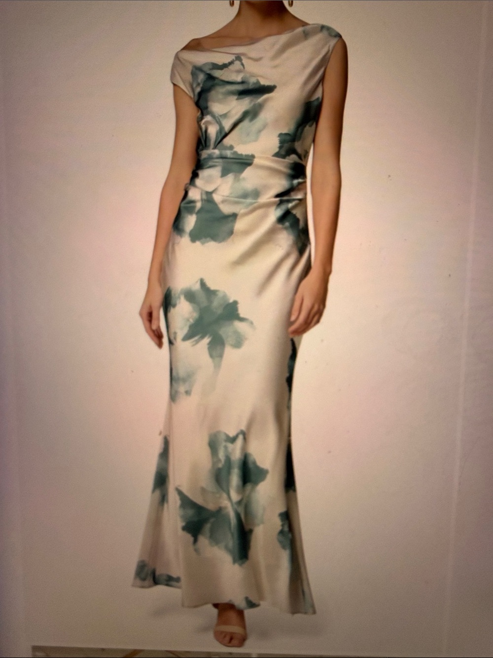 Donna Karan Cream Maxi Dress with Green Watercolor Floral Print
